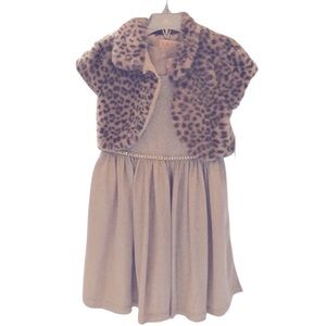 NWT BISCOTTI 2pc set Gold Sparkly Embellished Dress faux fur jacket Girls 6